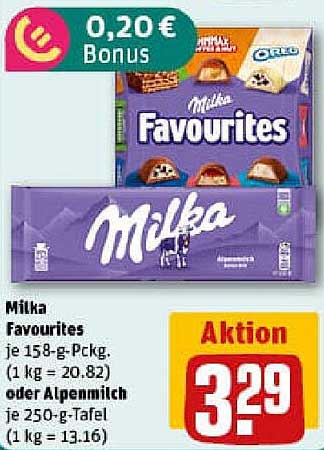 Milka Favourites 158-g-Packung oder Alpenmilch 250-g-Tafel