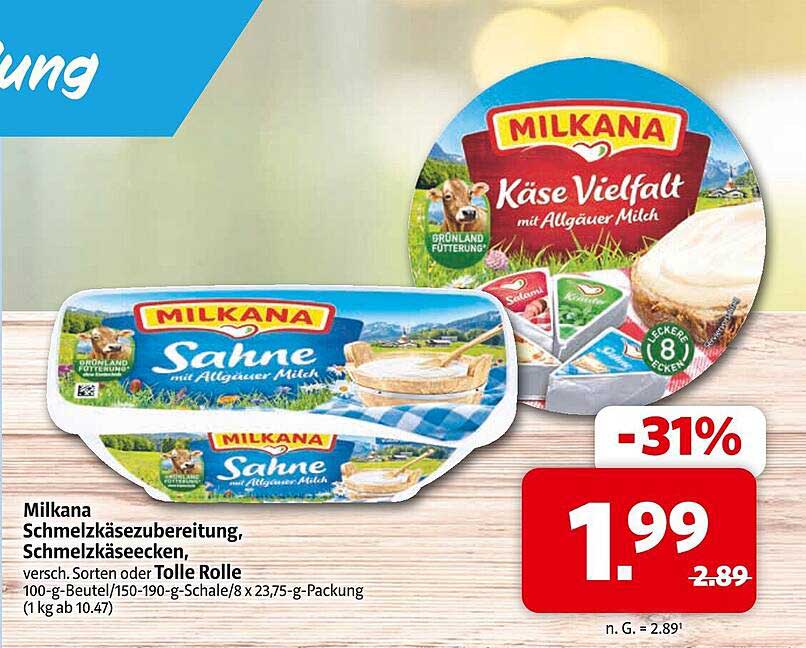 Milkana Schmelzkäsezubereitung, Schmelzkäseecken, verschiedene Sorten