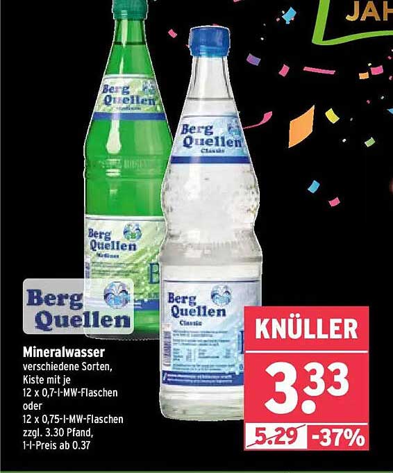 Mineralwasser verschiedene Sorten, Kiste mit je 12 x 0,7-l-MW-Flaschen oder 12 x 0,75-l-MW-Flaschen zzgl. 3,30 Pfand, 1-1-Preis ab 0,37