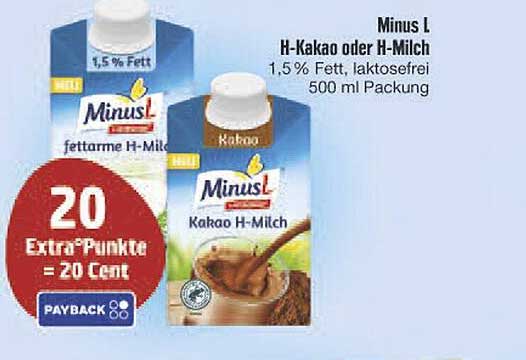 Minus L H-Kakao oder H-Milch 1,5 % Fett, laktosefrei 500 ml Packung