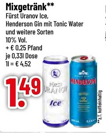 Mixgetränk: Fürst Uranov Ice, Henderson Gin mit Tonic Water und weitere Sorten