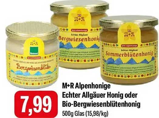 M+R Alpenhonige Echter Allgäuer Honig oder Bio-Bergwiesenblütenhonig 500g Glas