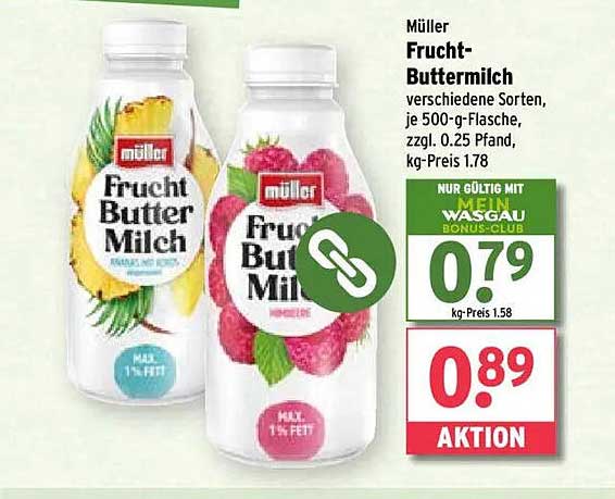 Müller Fruchtbuttermilch verschiedene Sorten, je 500-g-Flasche