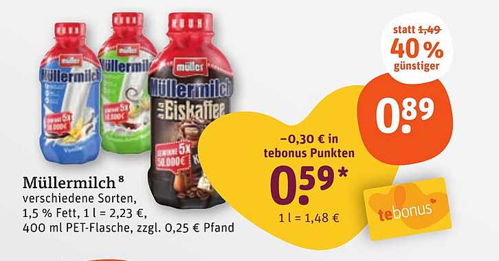 Müllermilch 8 verschiedene Sorten, 400 ml PET-Flasche