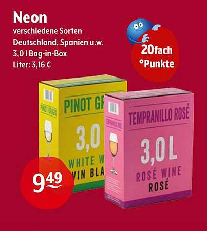 Neon verschiedene Sorten Deutschland, Spanien u.w. 3,0 l Bag-in-Box