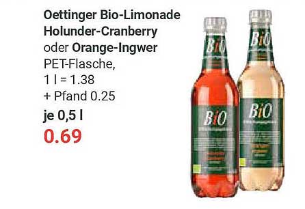 Oettinger Bio-Limonade Holunder-Cranberry oder Orange-Ingwer, 0,5 l PET-Flasche