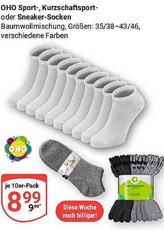 OHO Sport- Kurzschaftsport- oder Sneaker-Socken im 10er-Pack