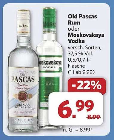 Old Pascas Rum oder Moskovskaya Vodka, 0,5/0,7 l - jetzt zum Sparpreis!