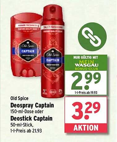 Old Spice Deospray Captain 150-ml-Dose oder Deostick Captain 50-ml-Stick