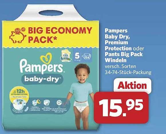 Pampers Baby Dry, Premium Protection oder Pants Big Pack Windeln - Verschiedene Sorten, 34-74 Stück-Packung