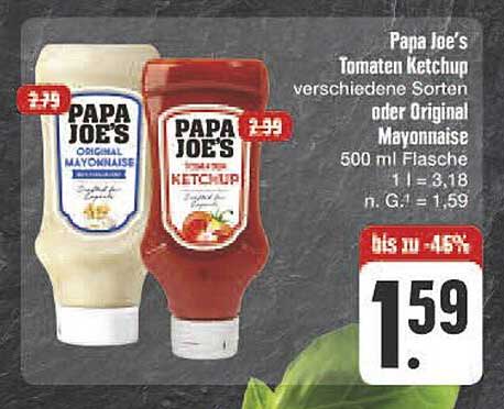 Papa Joe's Tomaten Ketchup verschiedene Sorten oder Original Mayonnaise 500 ml Flasche