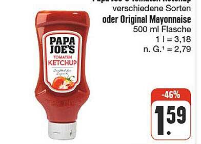 PAPA JOE'S Tomaten Ketchup verschiedene Sorten oder Original Mayonnaise 500 ml Flasche