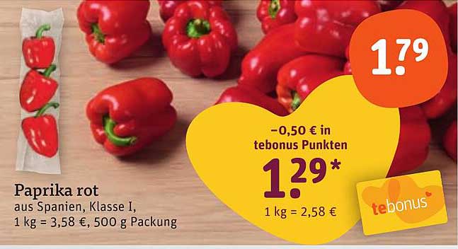 Paprika rot aus Spanien, Klasse I, 500 g Packung
