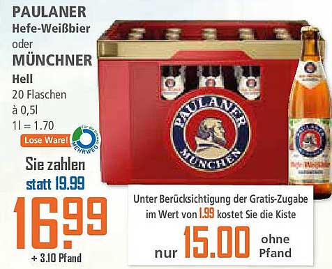 PAULANER Hefe-Weißbier oder MÜNCHNER Hell 20 Flaschen à 0,5l