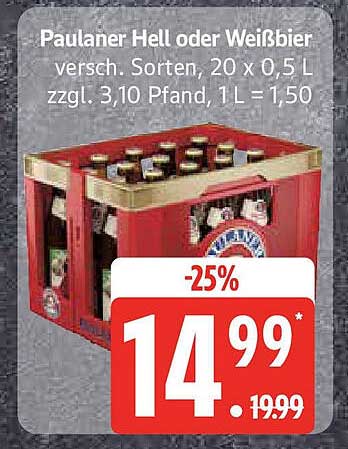 Paulaner Hell oder Weißbier, 20 x 0,5 L, 25 % Rabatt