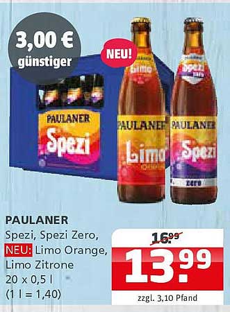 PAULANER Spezi, Spezi Zero, Limo Orange und Limo Zitrone 20 x 0,5 l