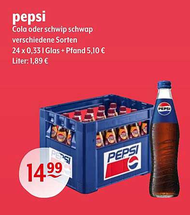 Pepsi - 24 x 0,33 l Glas + Pfand 5,10 €