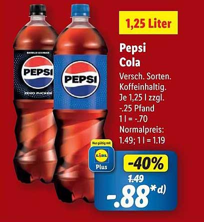 Pepsi Cola 1,25 Liter - Große Auswahl zum kleinen Preis