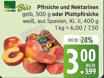 Pfirsiche und Nektarinen gelb, 500 g oder Plattpfirsiche weiß, aus Spanien, Kl. II