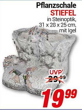 Pflanzschale STIEFEL in Steinoptik, 31 x 28 x 25 cm, mit Igel
