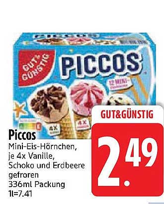 Piccos Mini-Eis-Hörnchen, je 4x Vanille, Schoko und Erdbeere gefroren