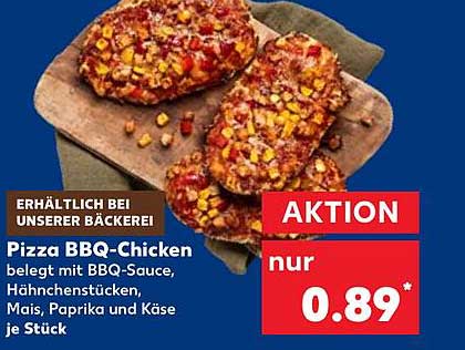 Pizza BBQ-Chicken belegt mit BBQ-Sauce, Hähnchenstücken, Mais, Paprika und Käse je Stück