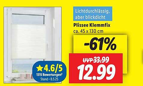 Plisseerollo Klemmfix 45 x 130 cm – Lichtdurchlässig, aber Blickdicht