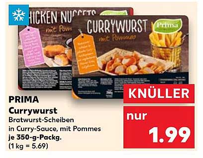 PRIMA Currywurst Bratwurst-Scheiben in Curry-Sauce, mit Pommes je 350-g-Pack.