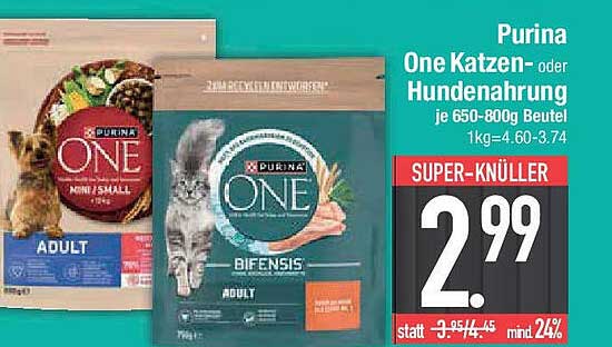 Purina One Katzen- oder Hundenahrung je 650-800g Beutel