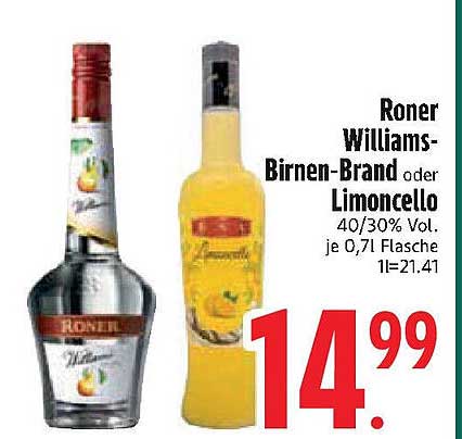 Roner Williams-Birnen-Brand oder Limoncello 40/30% Vol. je 0,71 Flasche