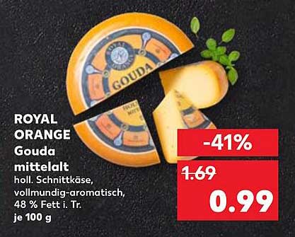 ROYAL ORANGE Gouda mittelalt, 48 % Fett i. Tr. je 100 g