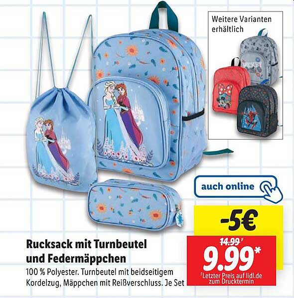 Rucksack mit Turnbeutel und Federmäppchen