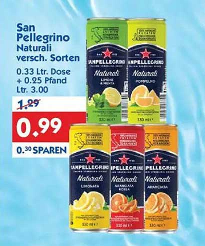 San Pellegrino Naturali verschieden. Sorten 0.33 Ltr. Dose