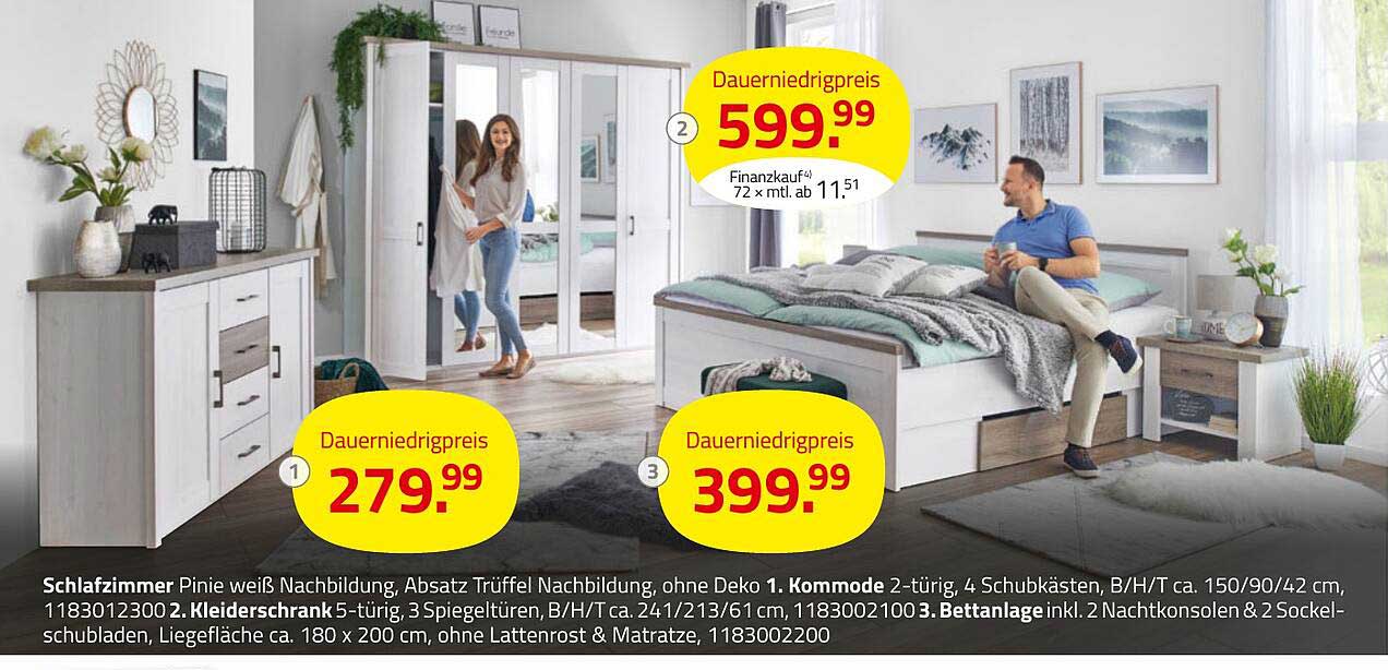 Schlafzimmer Pinie weiß Nachbildung mit Möbeln