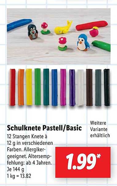 Schulknete Pastell/Basic - 12 Stangen Knete à 12 g in verschiedenen Farben