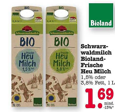 Schwarzwaldmilch Bioland-Frische Heu Milch 1,5% oder 3,8% Fett, 1 L
