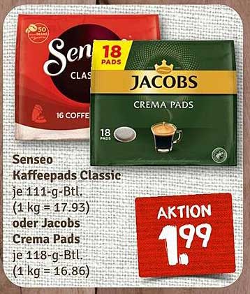 Senseo Kaffeepads Classic oder Jacobs Crema Pads im Angebot!