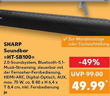 SHARP Soundbar »HT-SB100« 2.0-Soundsystem mit Bluetooth-5.1-Music-Streaming
