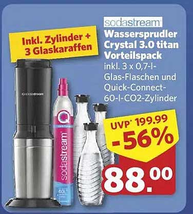 SodaStream Wassersprudler Crystal 3.0 titan Vorteilspack – Inkl. Zylinder + 3 Glaskaraffen