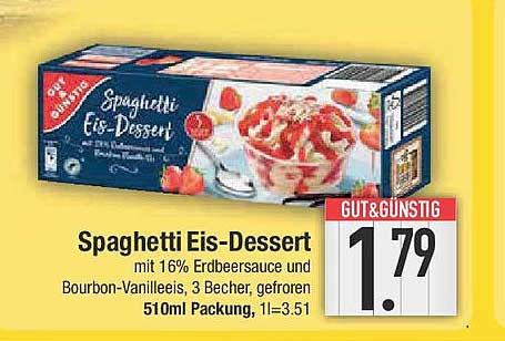 Spaghetti Eis-Dessert mit 16% Erdbeersauce und Bourbon-Vanilleeis, 3 Becher, gefroren 510ml Packung