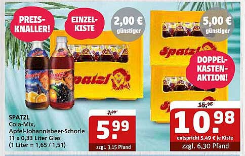 SPATZL Cola-Mix, Apfel-Johannisbier-Schorle 11 x 0,33 Liter Glas