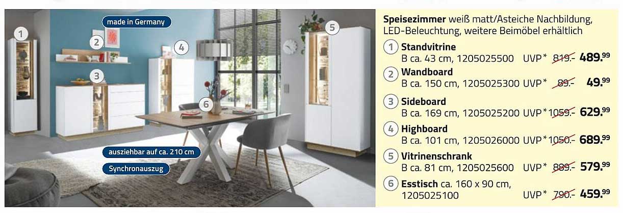Speisezimmer Weiß Matt/Asteiche Nachbildung mit LED-Beleuchtung