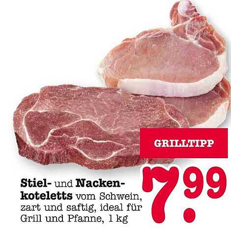 Stiel- und Nackenkoteletts vom Schwein, zart und saftig, ideal für Grill und Pfanne, 1 kg