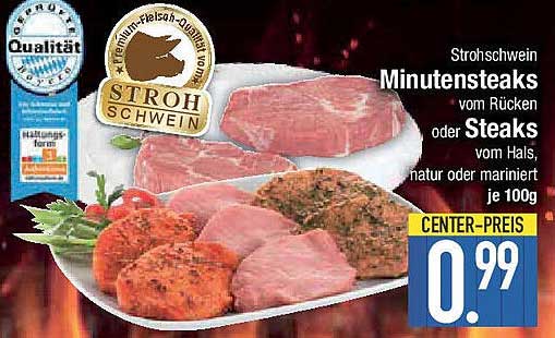 Strohschwein Minutensteaks vom Rücken oder Steaks vom Hals, natur oder mariniert je 100g