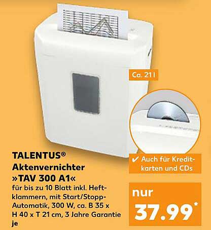 TALENTUS® Aktenvernichter »TAV 300 A1« für bis zu 10 Blatt inkl. Heftklammern