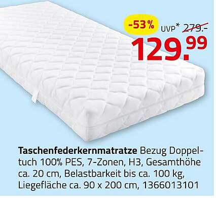 Taschenfederkernmatratze Bezug Doppeltuch 100% PES, 7-Zonen, H3, Gesamthöhe ca. 20 cm