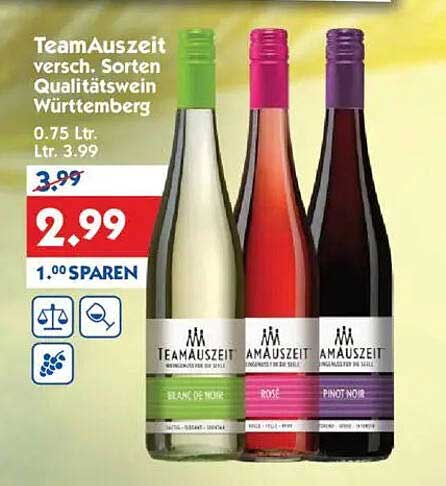 TeamAuszeit Qualitätswein 0.75 L - Auswahl aus Blanc de Noir, Rosé und Pinot Noir.