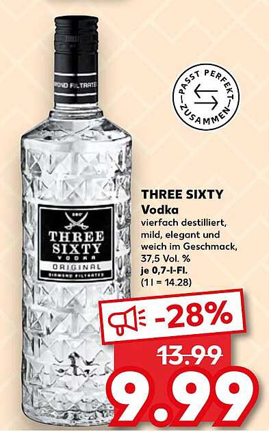 THREE SIXTY Vodka - 0,7 l für nur 9,99 €