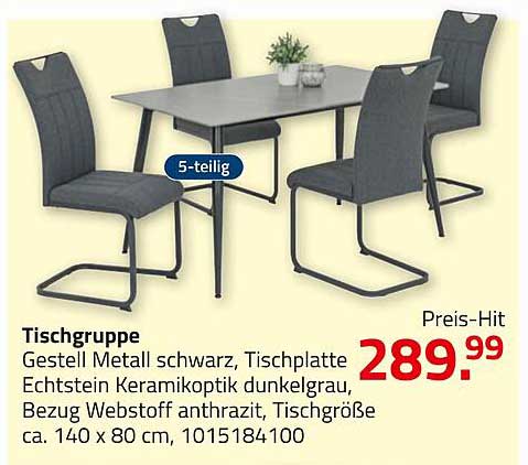 Tischgruppe 5-teilig in Schwarz mit Keramikoptik-Tischplatte