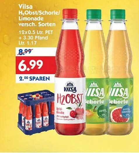Vilsa H2Obst/Schorle/Limonade versch. Sorten 12x0.5 Ltr. PET